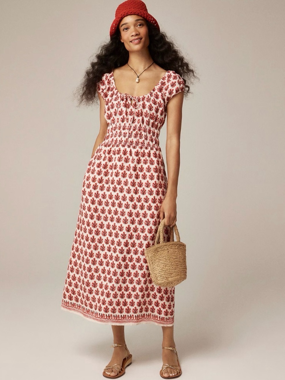 Red Printed Midi Dress with Smocked Bodice